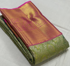 LITE  GREEN/PINK  BORDER COMBITION PURE KANCHI SILK SAREE