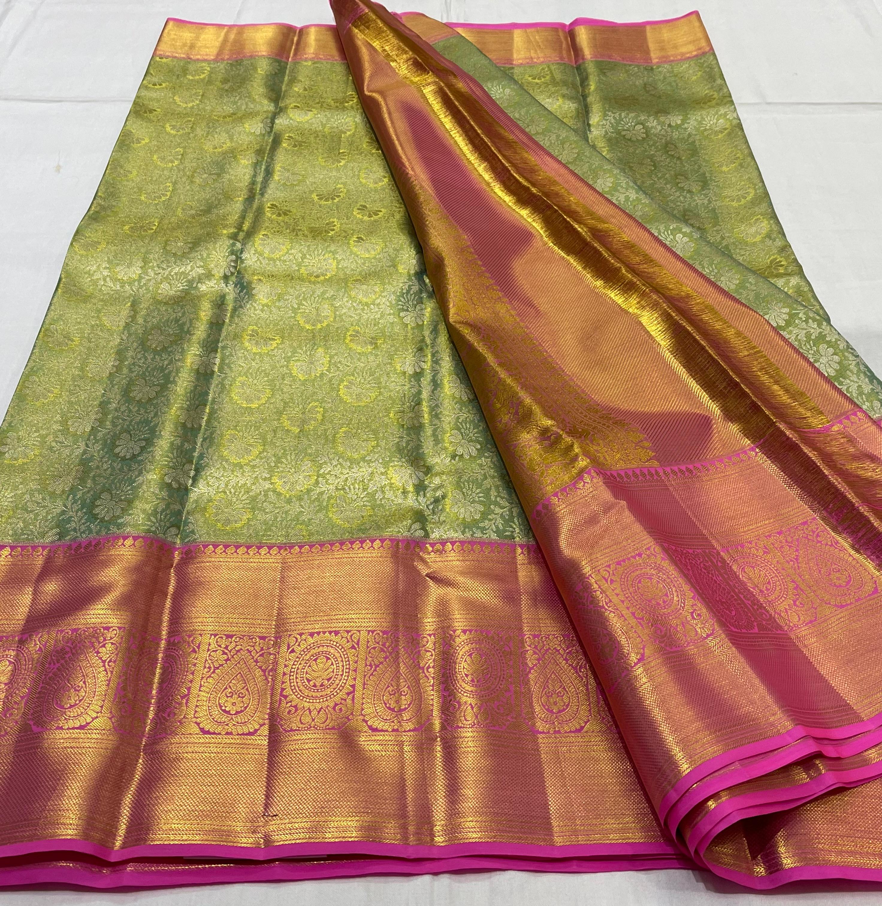 LITE  GREEN/PINK  BORDER COMBITION PURE KANCHI SILK SAREE