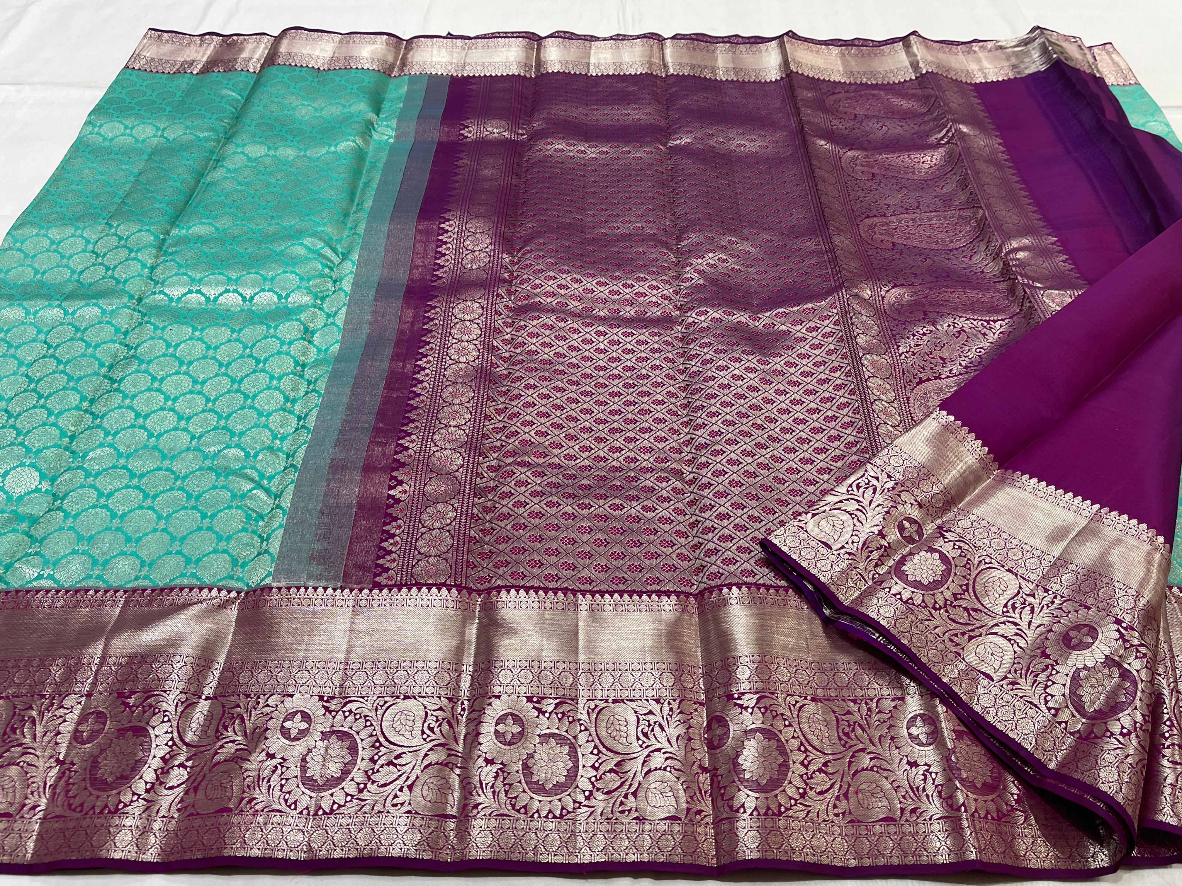 SKY BLUE/PURPLE  BORDER COMBITION PURE KANCHI SILK SAREE