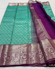 SKY BLUE/PURPLE  BORDER COMBITION PURE KANCHI SILK SAREE