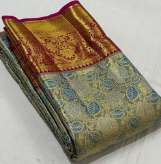 LITE SKY BLUE/PURPLE BORDER COMBITION PURE KANCHI SILK SAREE