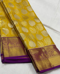 LEMON YELLOW/PURPLE BORDER COMBITION PURE KANCHI SILK SAREE