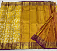 LEMON YELLOW/PURPLE BORDER COMBITION PURE KANCHI SILK SAREE