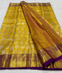 LEMON YELLOW/PURPLE BORDER COMBITION PURE KANCHI SILK SAREE