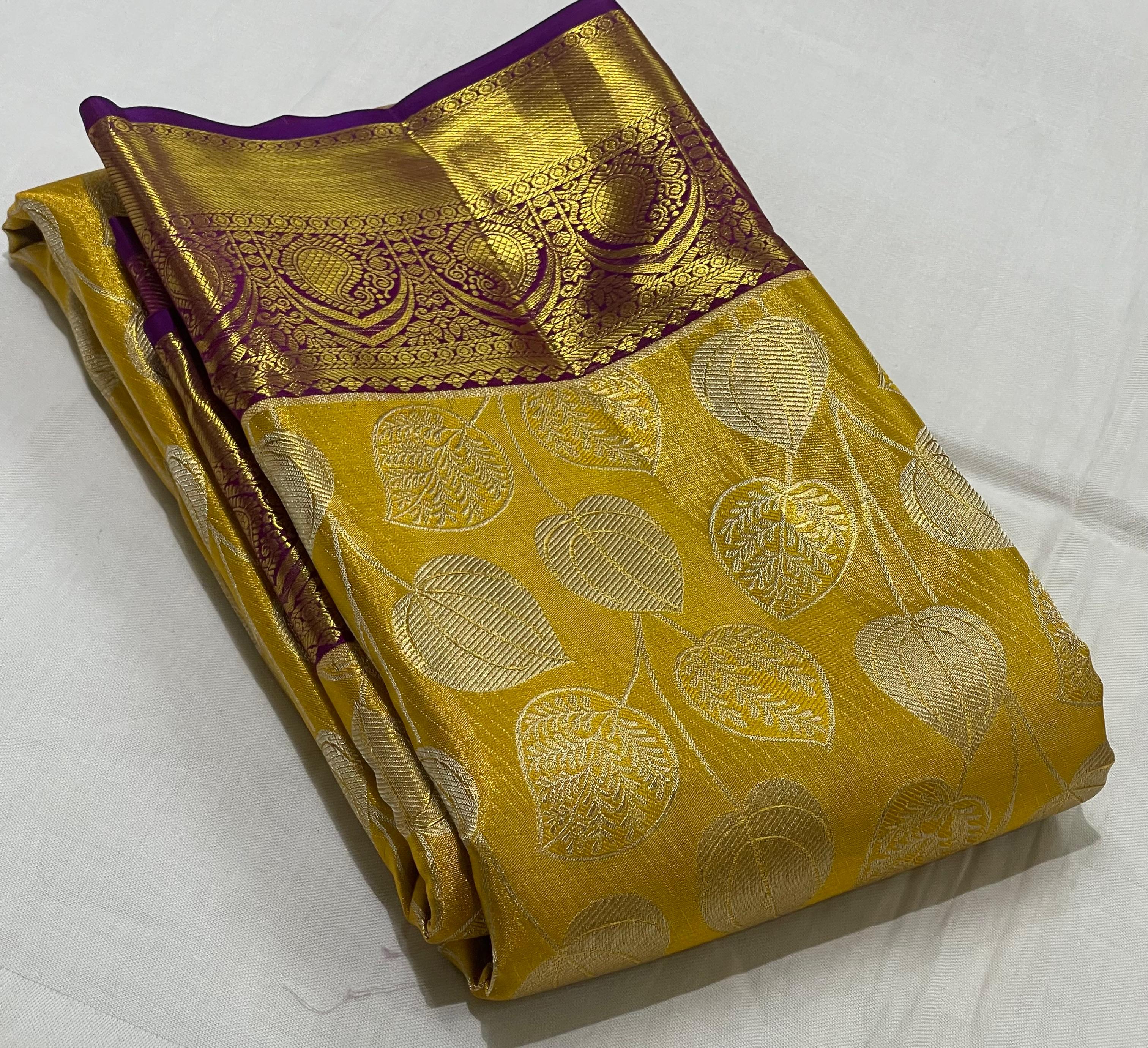 LEMON YELLOW/PURPLE BORDER COMBITION PURE KANCHI SILK SAREE