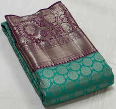 SKY BLUE/PURPLE  BORDER COMBITION PURE KANCHI SILK SAREE