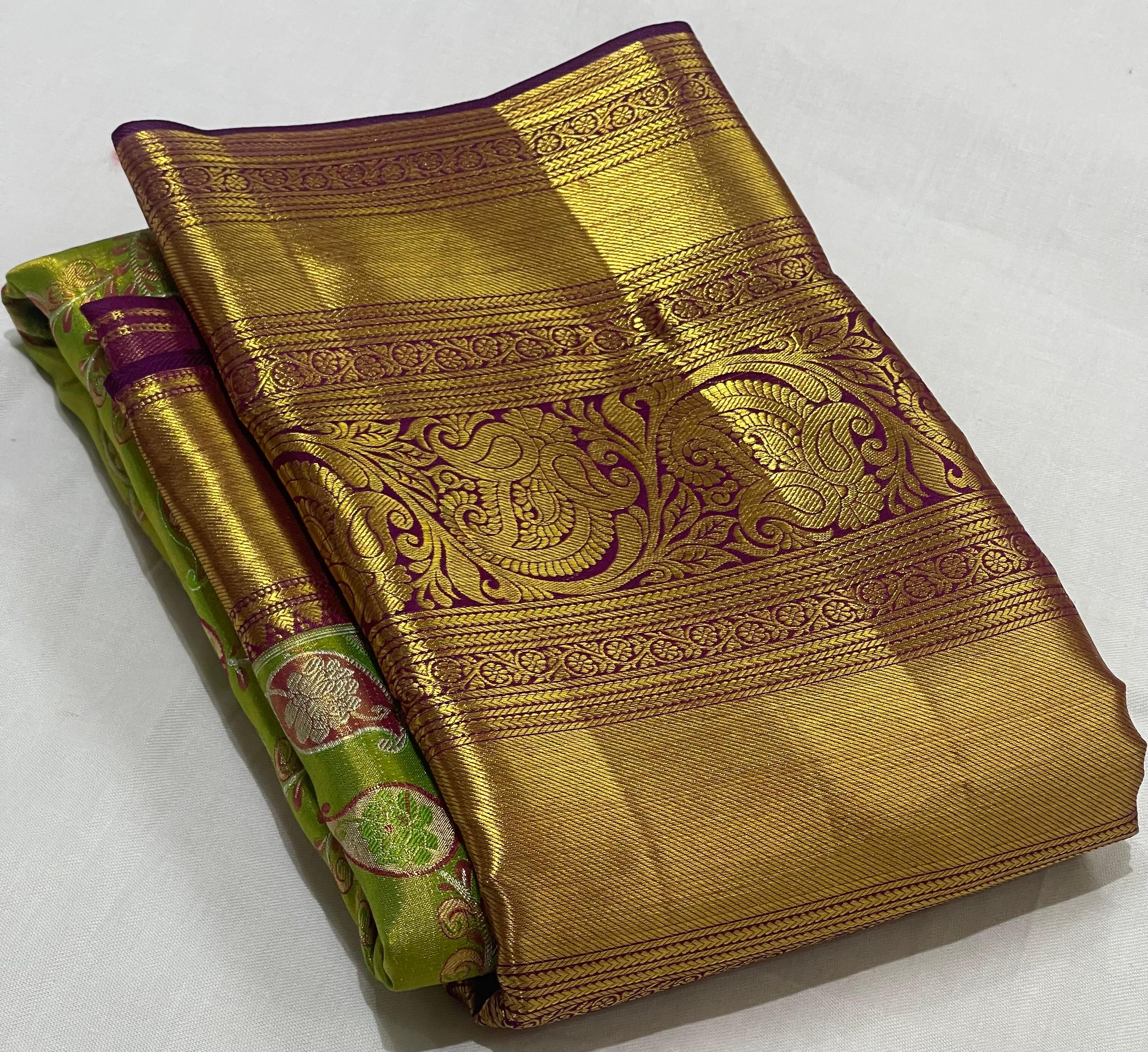 PARROT GREEN/PURPLE BORDER COMBITION PURE KANCHI SILK SAREE