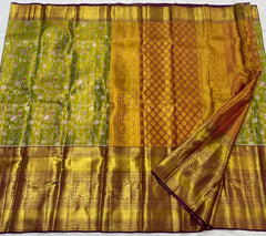 PARROT GREEN/PURPLE BORDER COMBITION PURE KANCHI SILK SAREE