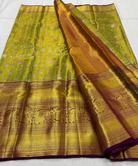 PARROT GREEN/PURPLE BORDER COMBITION PURE KANCHI SILK SAREE