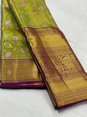 PARROT GREEN/PURPLE BORDER COMBITION PURE KANCHI SILK SAREE