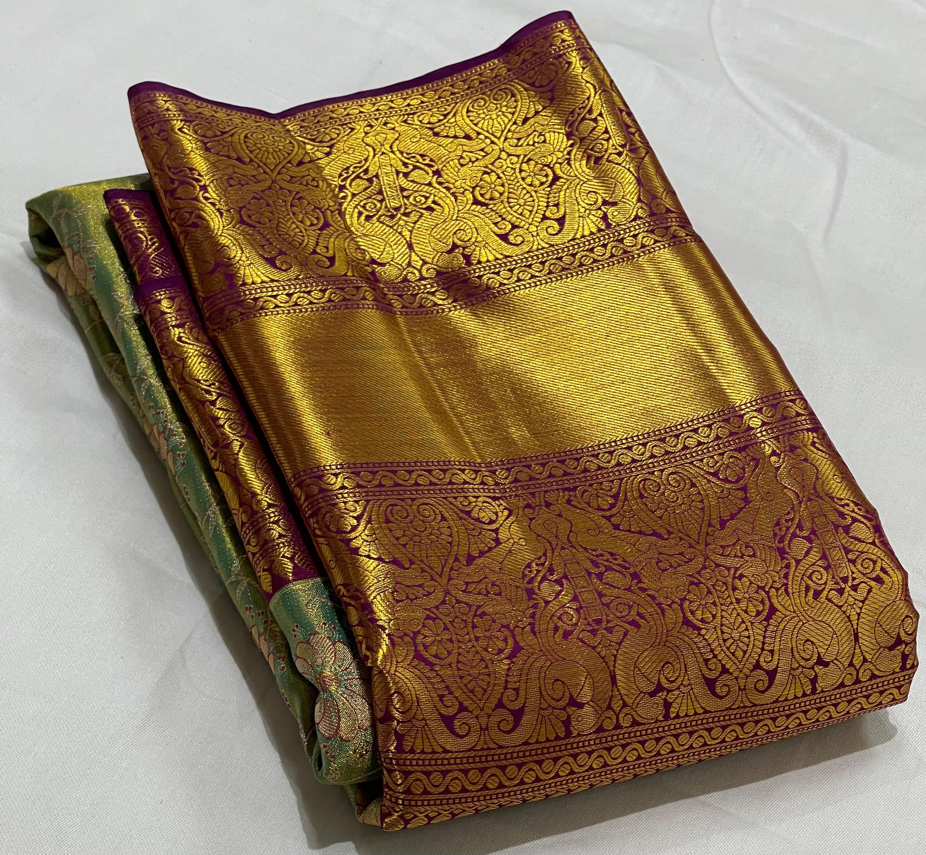 SEA  GREEN/PURPLE BORDER COMBITION PURE KANCHI SILK SAREE (Copy)