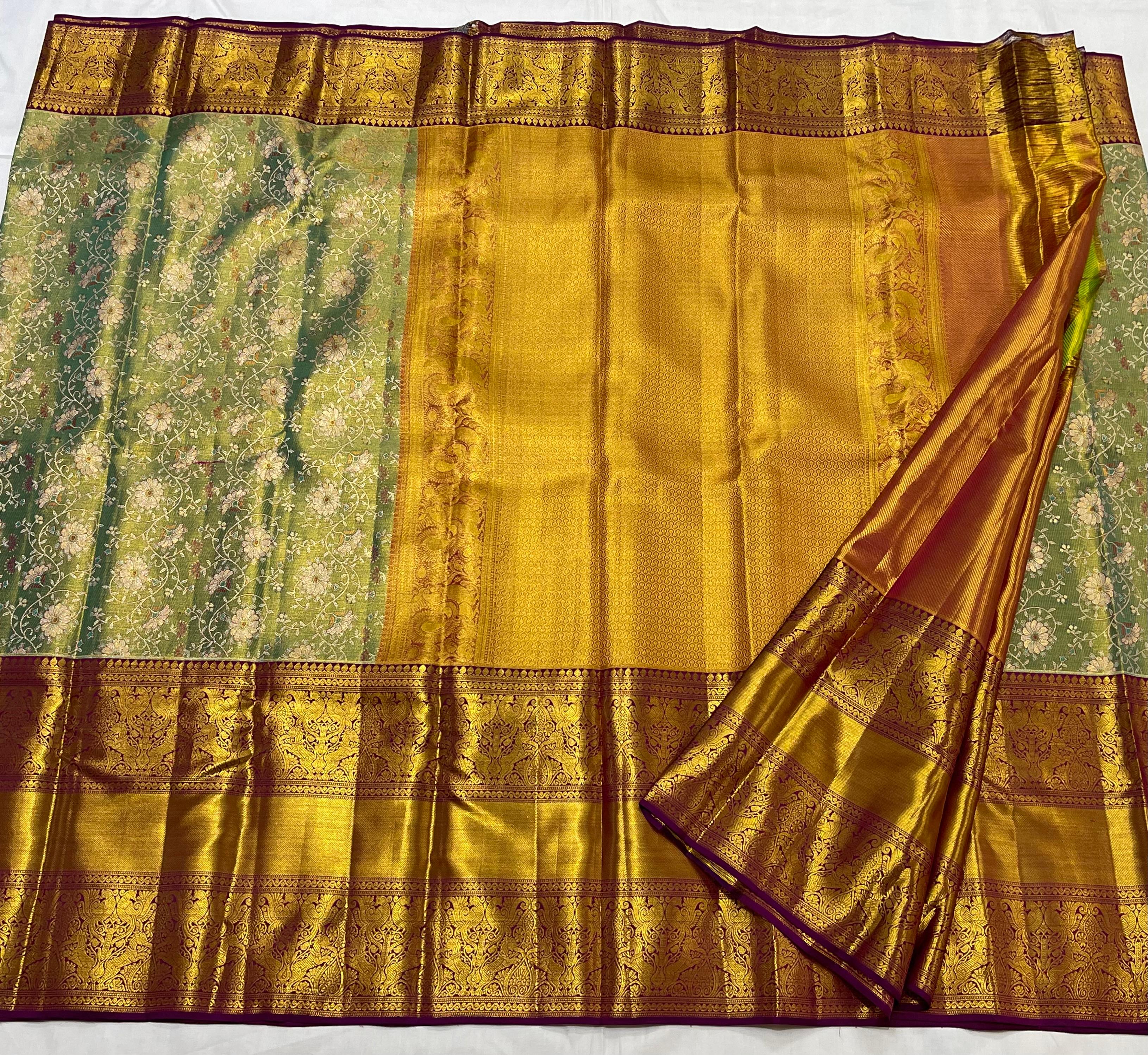 SEA  GREEN/PURPLE BORDER COMBITION PURE KANCHI SILK SAREE (Copy)