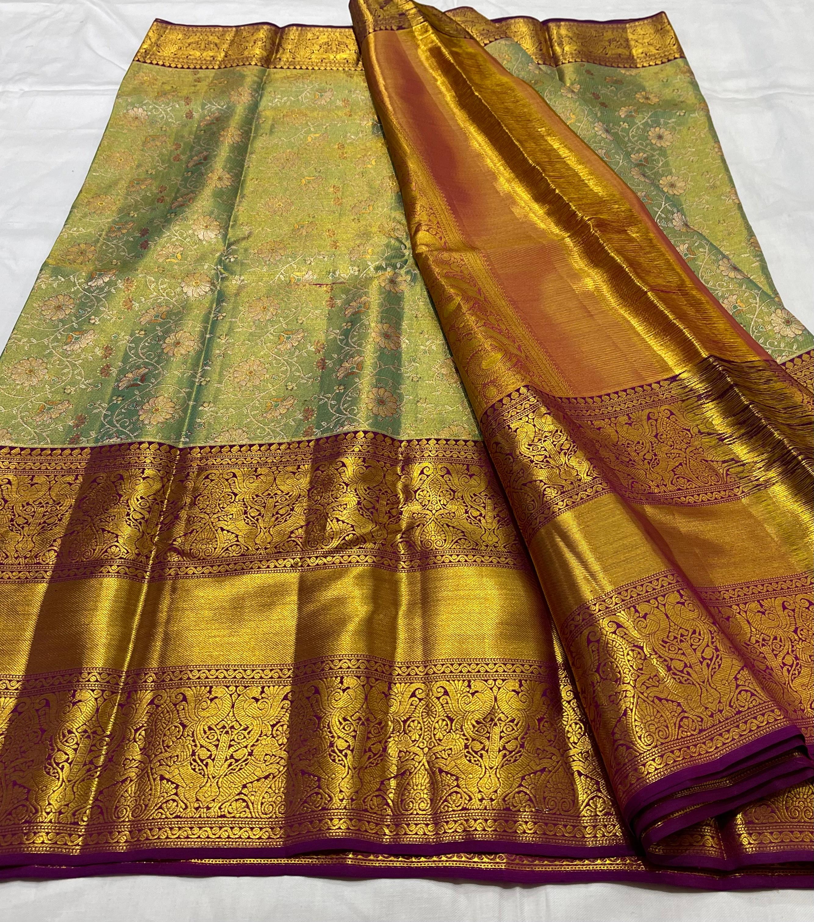 SEA  GREEN/PURPLE BORDER COMBITION PURE KANCHI SILK SAREE (Copy)