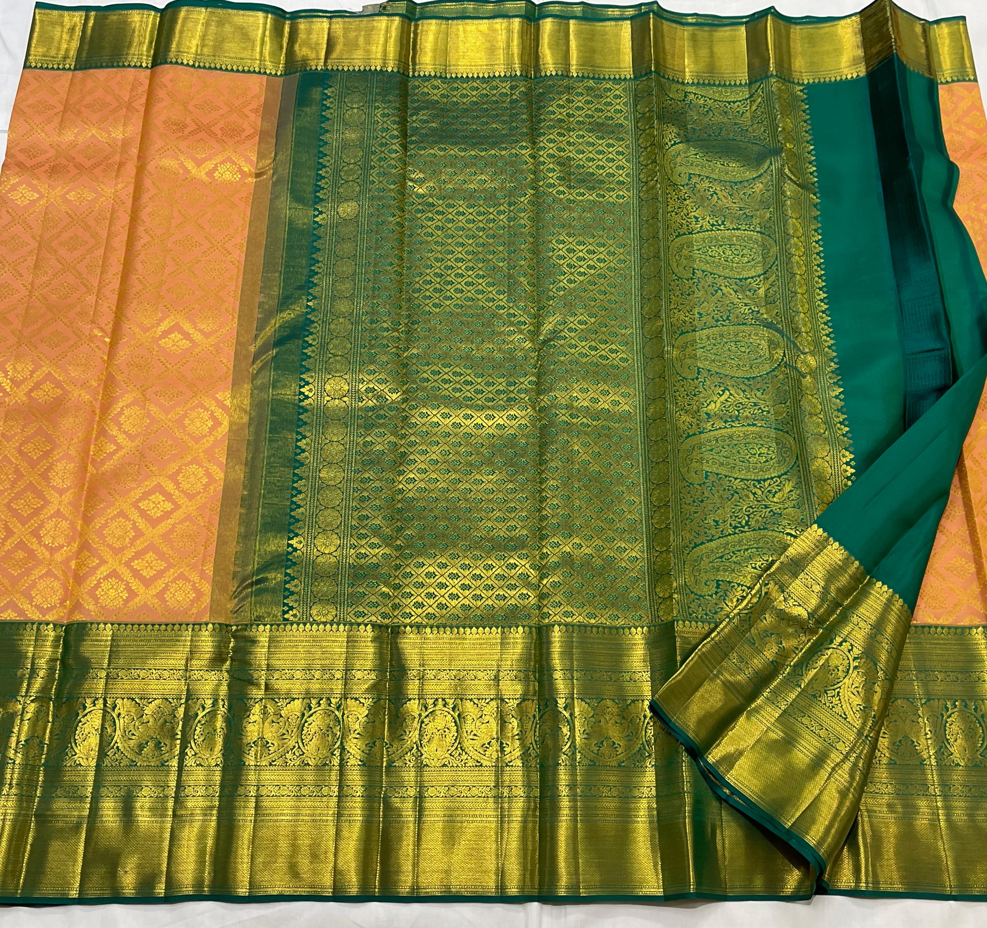 LITE ORANGE/RAMA GREEN  BORDER COMBITION PURE KANCHI SILK SAREE