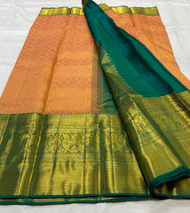 LITE ORANGE/RAMA GREEN  BORDER COMBITION PURE KANCHI SILK SAREE