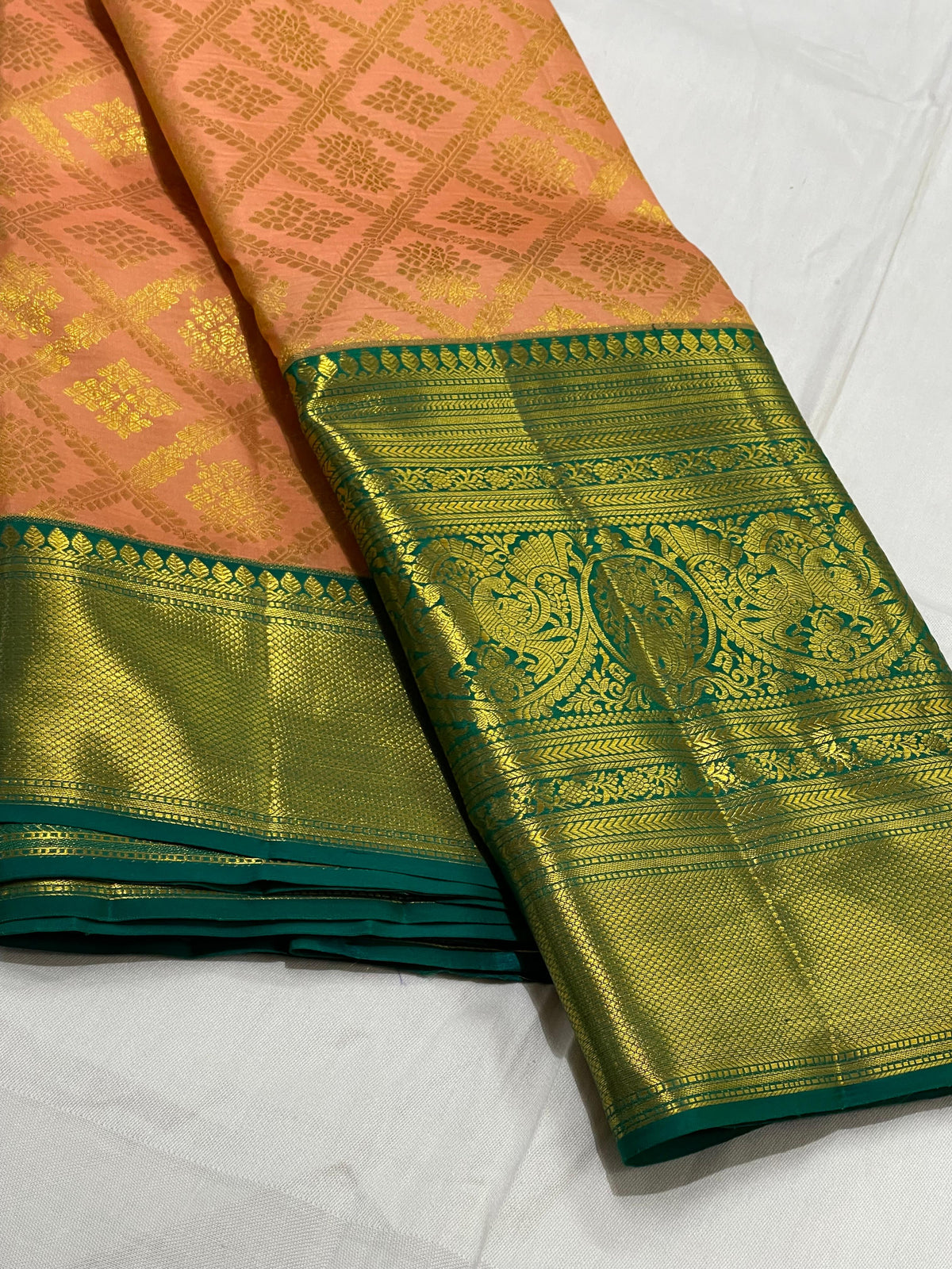 LITE ORANGE/RAMA GREEN  BORDER COMBITION PURE KANCHI SILK SAREE