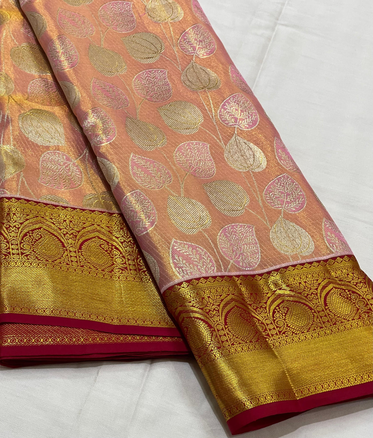 PEACH/MAROON BORDER COMBITION PURE KANCHI SILK SAREE