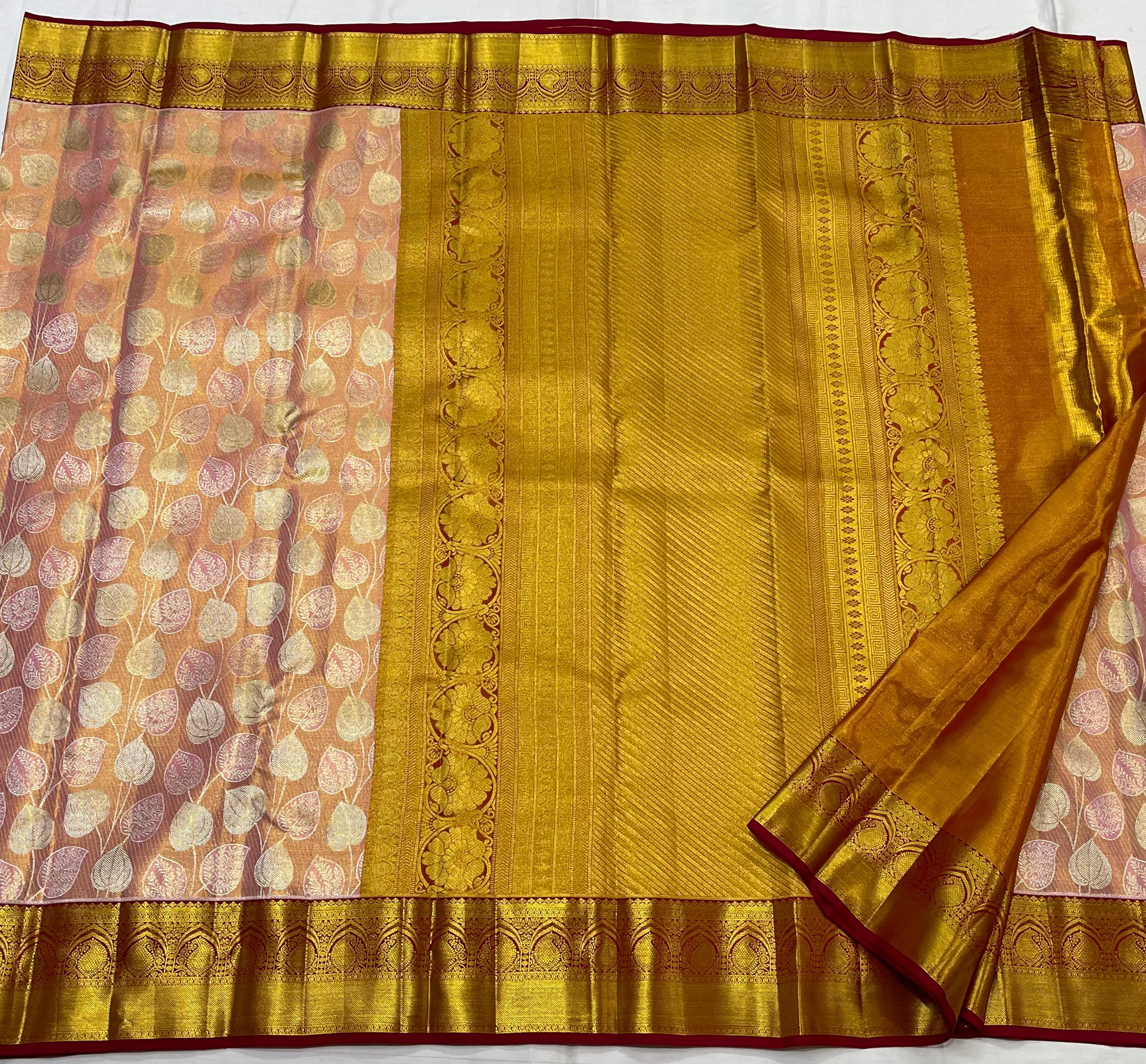 PEACH/MAROON BORDER COMBITION PURE KANCHI SILK SAREE