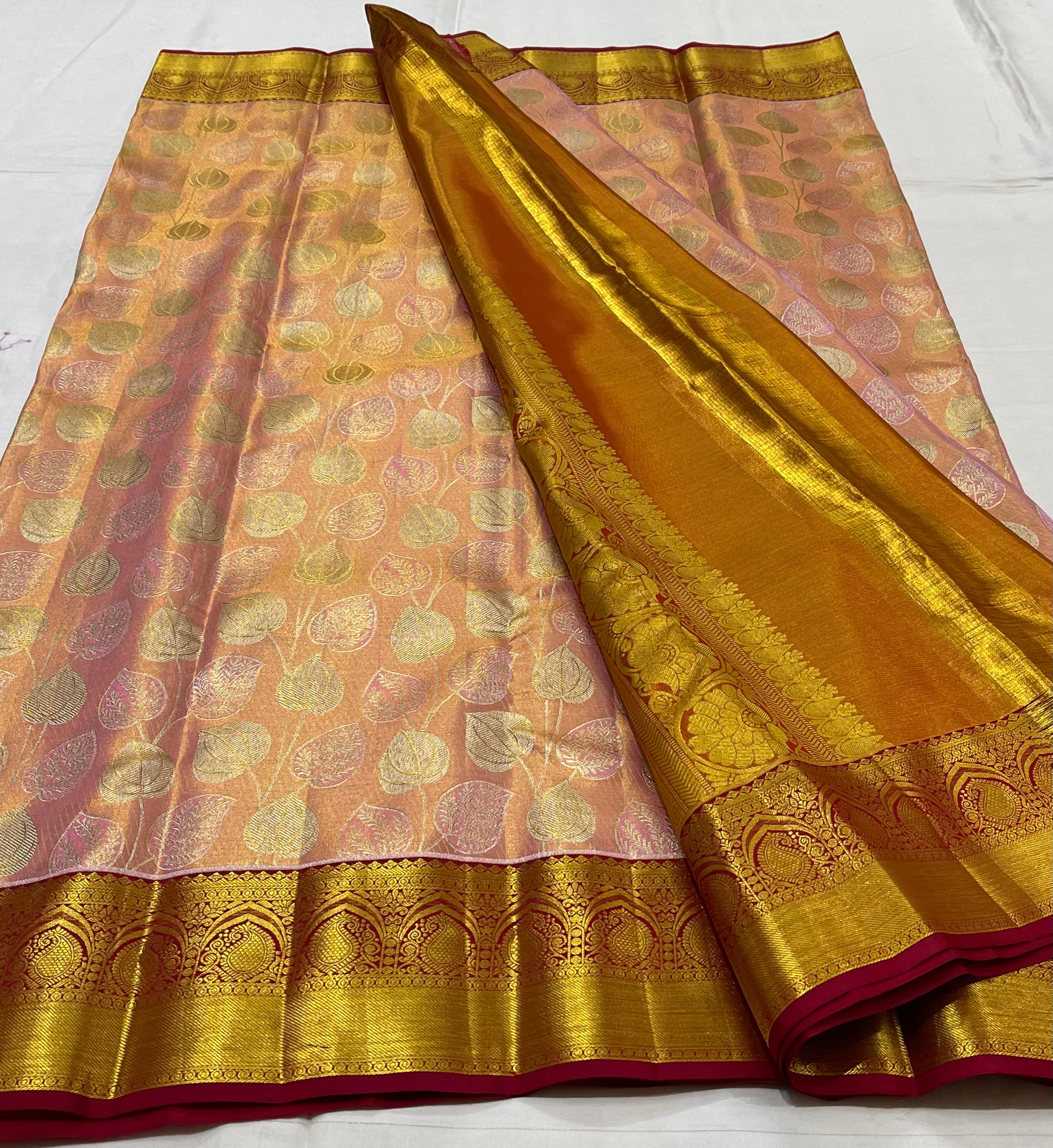 PEACH/MAROON BORDER COMBITION PURE KANCHI SILK SAREE