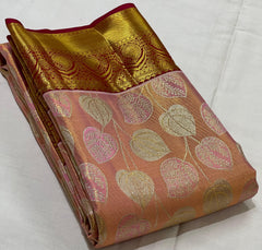 PEACH/MAROON BORDER COMBITION PURE KANCHI SILK SAREE