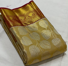 GOLDEN YELLOW/MAROON BORDER COMBITION PURE KANCHI SILK SAREE