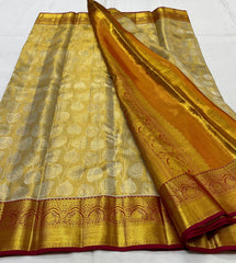 GOLDEN YELLOW/MAROON BORDER COMBITION PURE KANCHI SILK SAREE