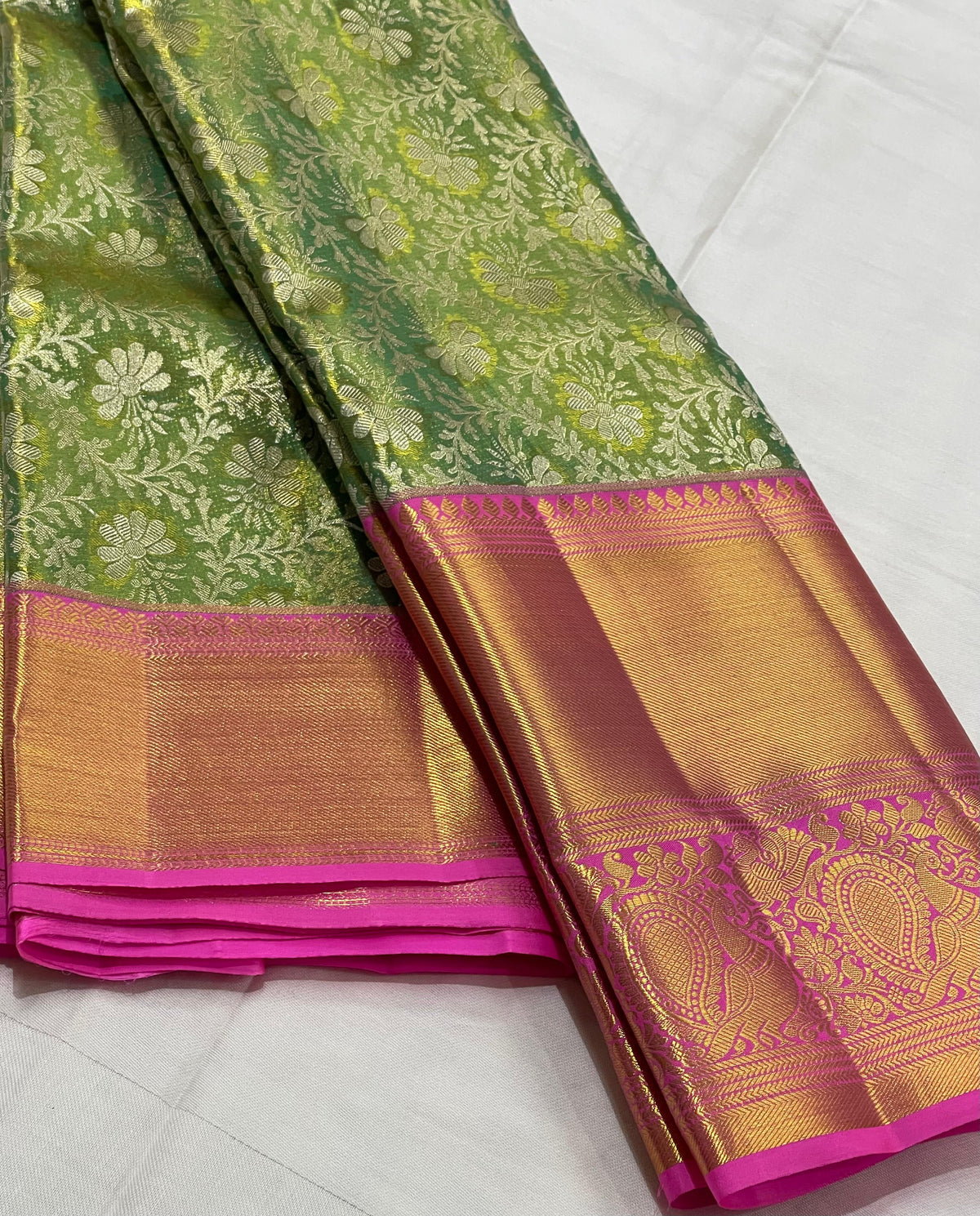 LITE GREEN/RANI PINK BORDER COMBITION PURE KANCHI SILK SAREE