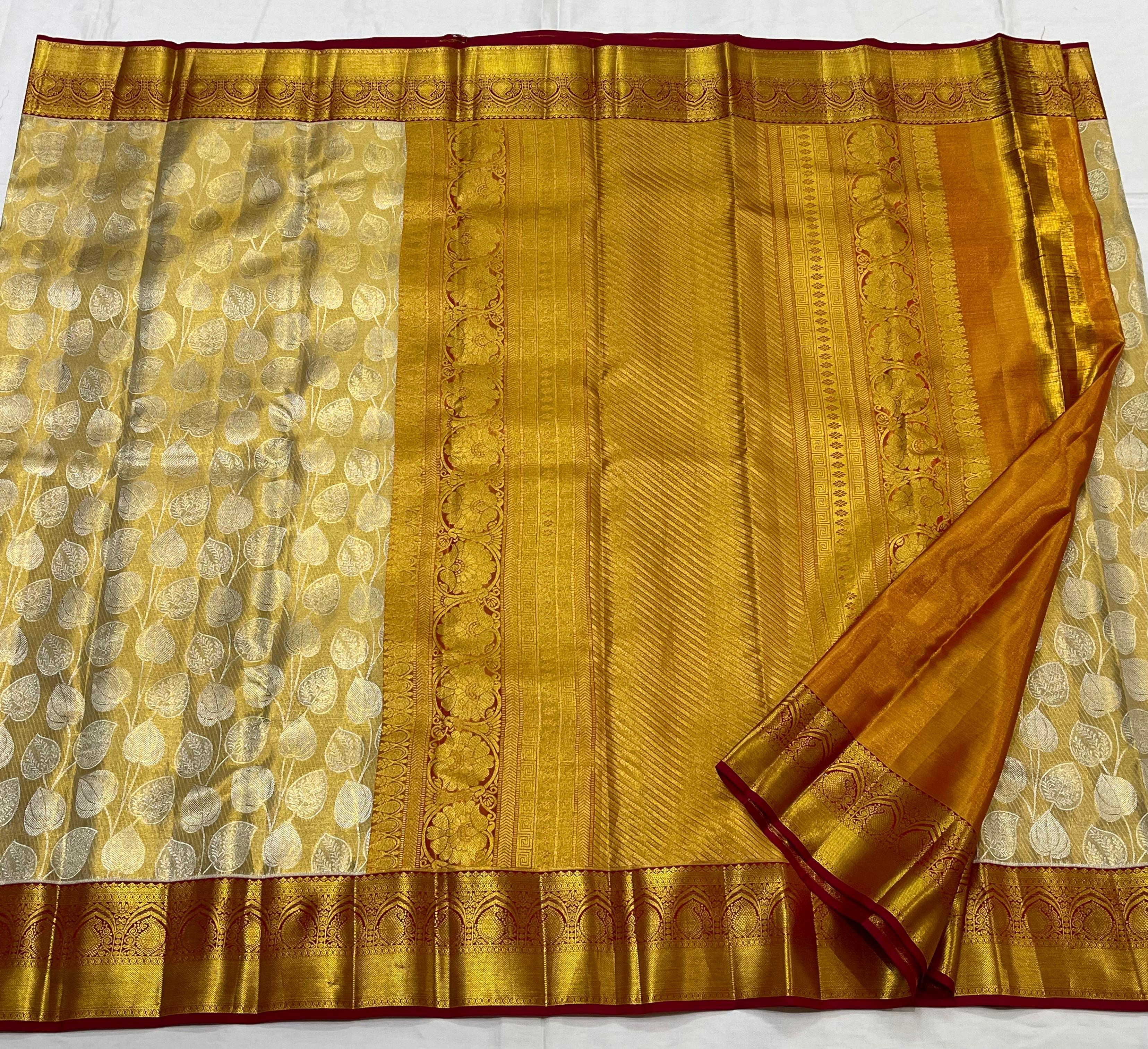 GOLDEN YELLOW/MAROON BORDER COMBITION PURE KANCHI SILK SAREE