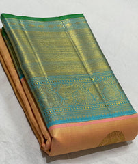 PEACH/SKY BLUE BORDER COMBITION PURE KANCHI SILK SAREE