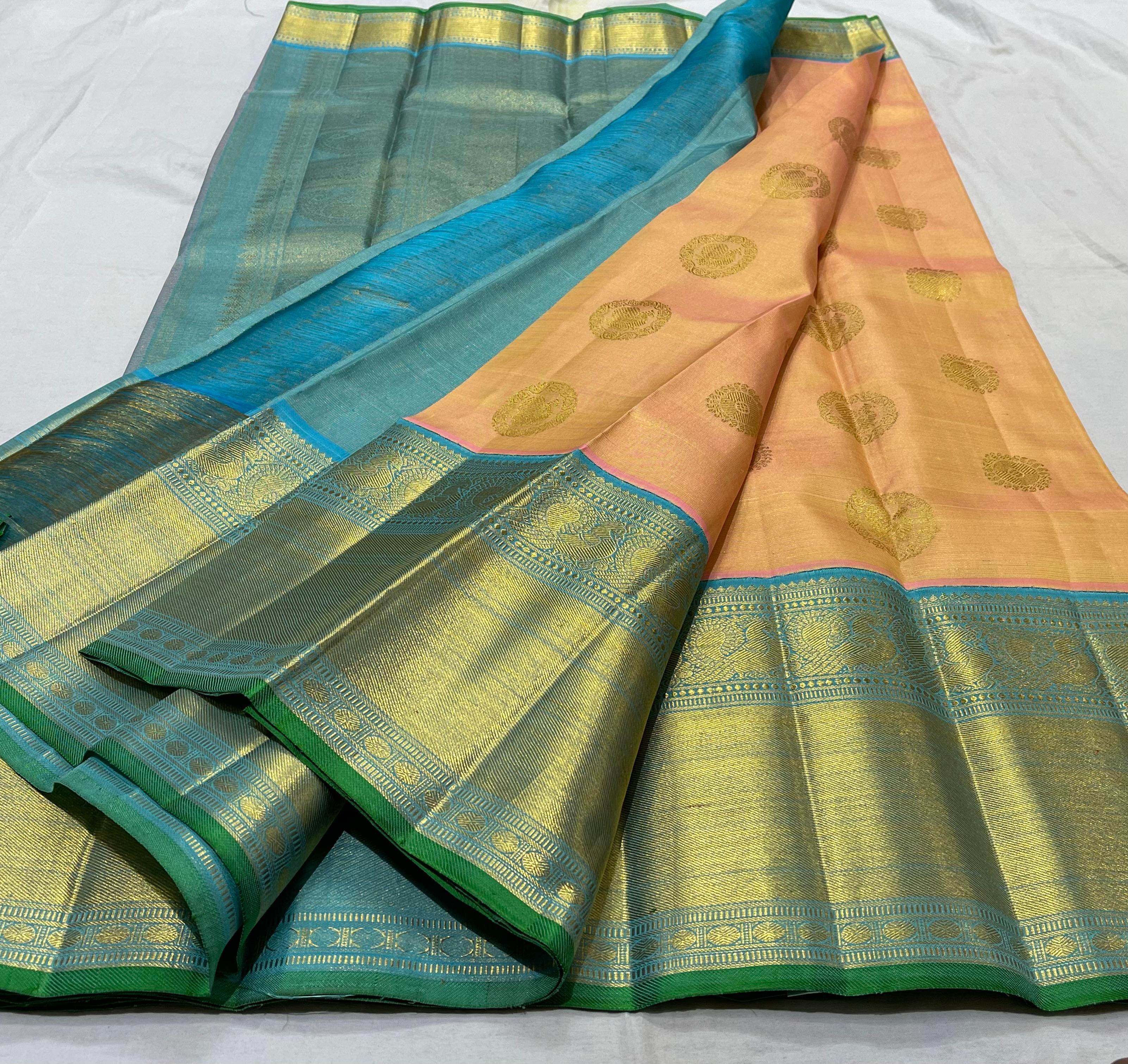 PEACH/SKY BLUE BORDER COMBITION PURE KANCHI SILK SAREE