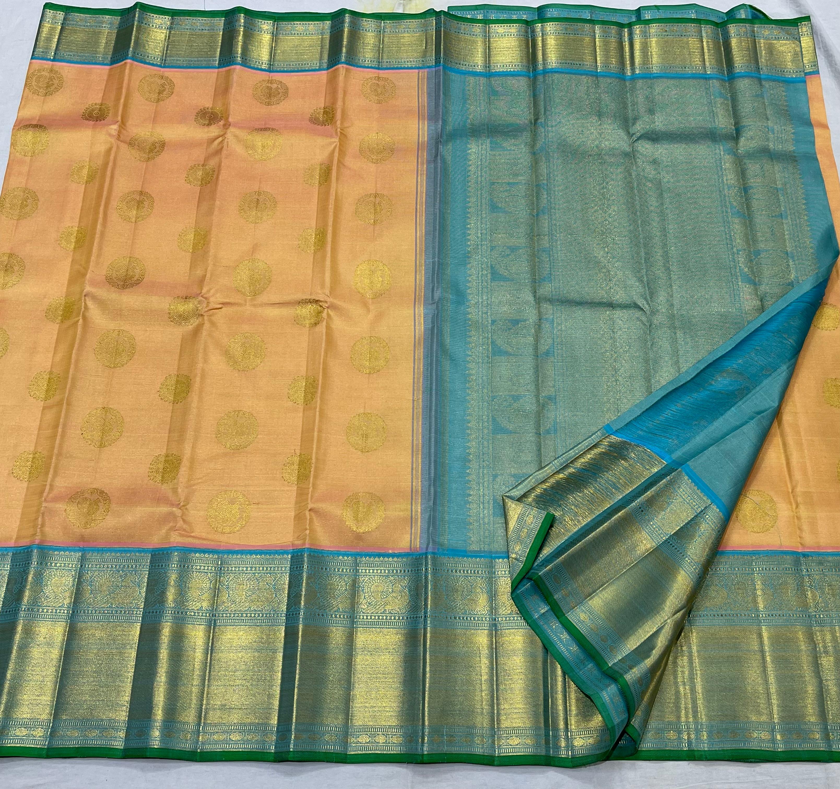 PEACH/SKY BLUE BORDER COMBITION PURE KANCHI SILK SAREE