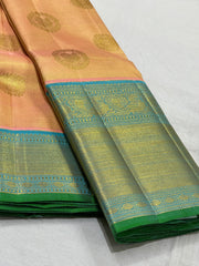 PEACH/SKY BLUE BORDER COMBITION PURE KANCHI SILK SAREE