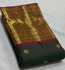 BOTTLE GREEN/MAROON BORDER COMBITION PURE KANCHI SILK SAREE