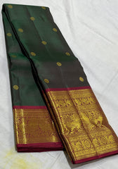 BOTTLE GREEN/MAROON BORDER COMBITION PURE KANCHI SILK SAREE