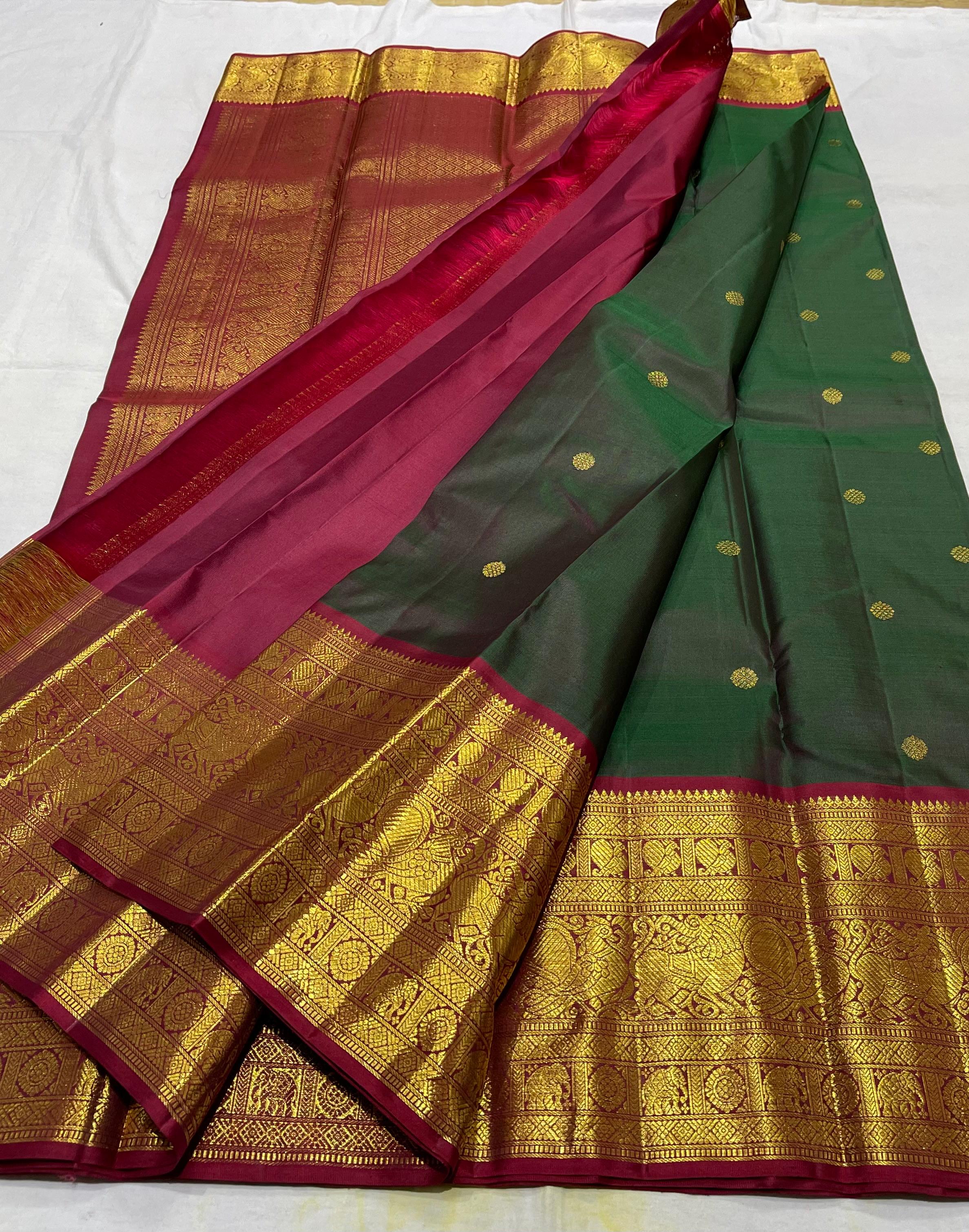 BOTTLE GREEN/MAROON BORDER COMBITION PURE KANCHI SILK SAREE