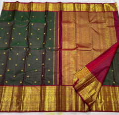 BOTTLE GREEN/MAROON BORDER COMBITION PURE KANCHI SILK SAREE