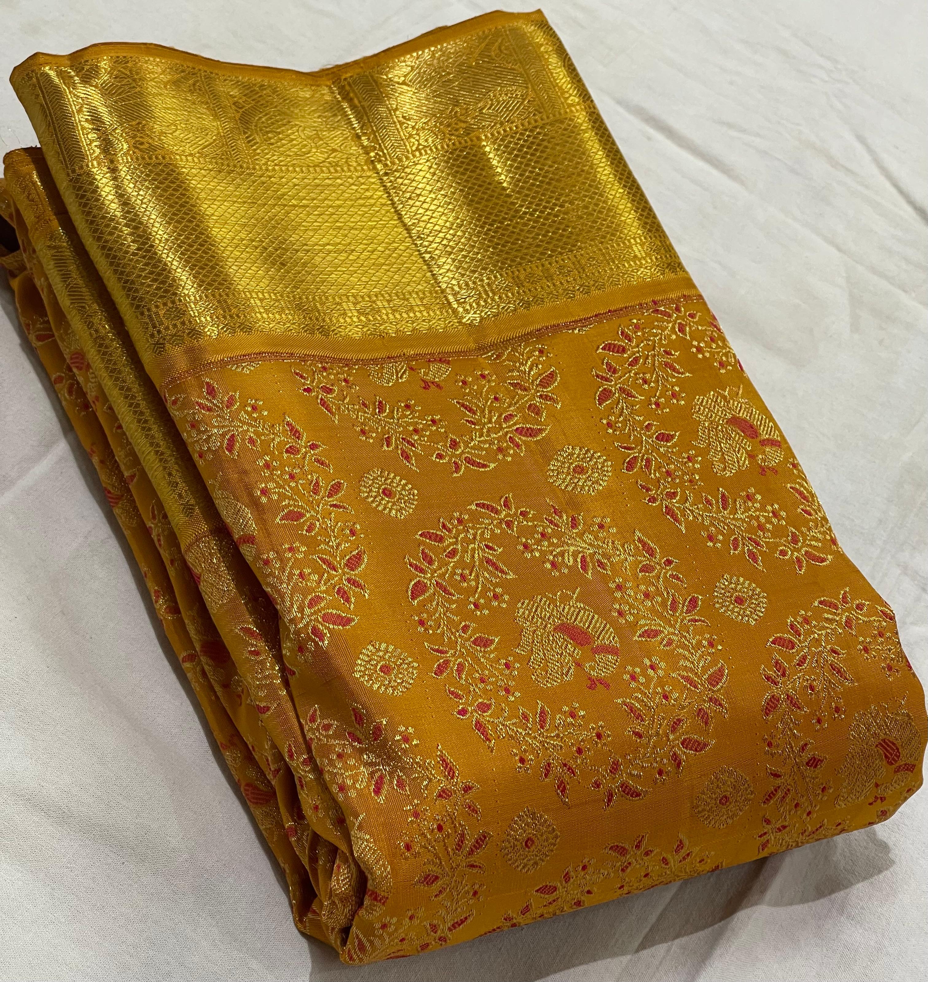 MUSTARD YELLOW BORDER COMBITION PURE KANCHI SILK SAREE