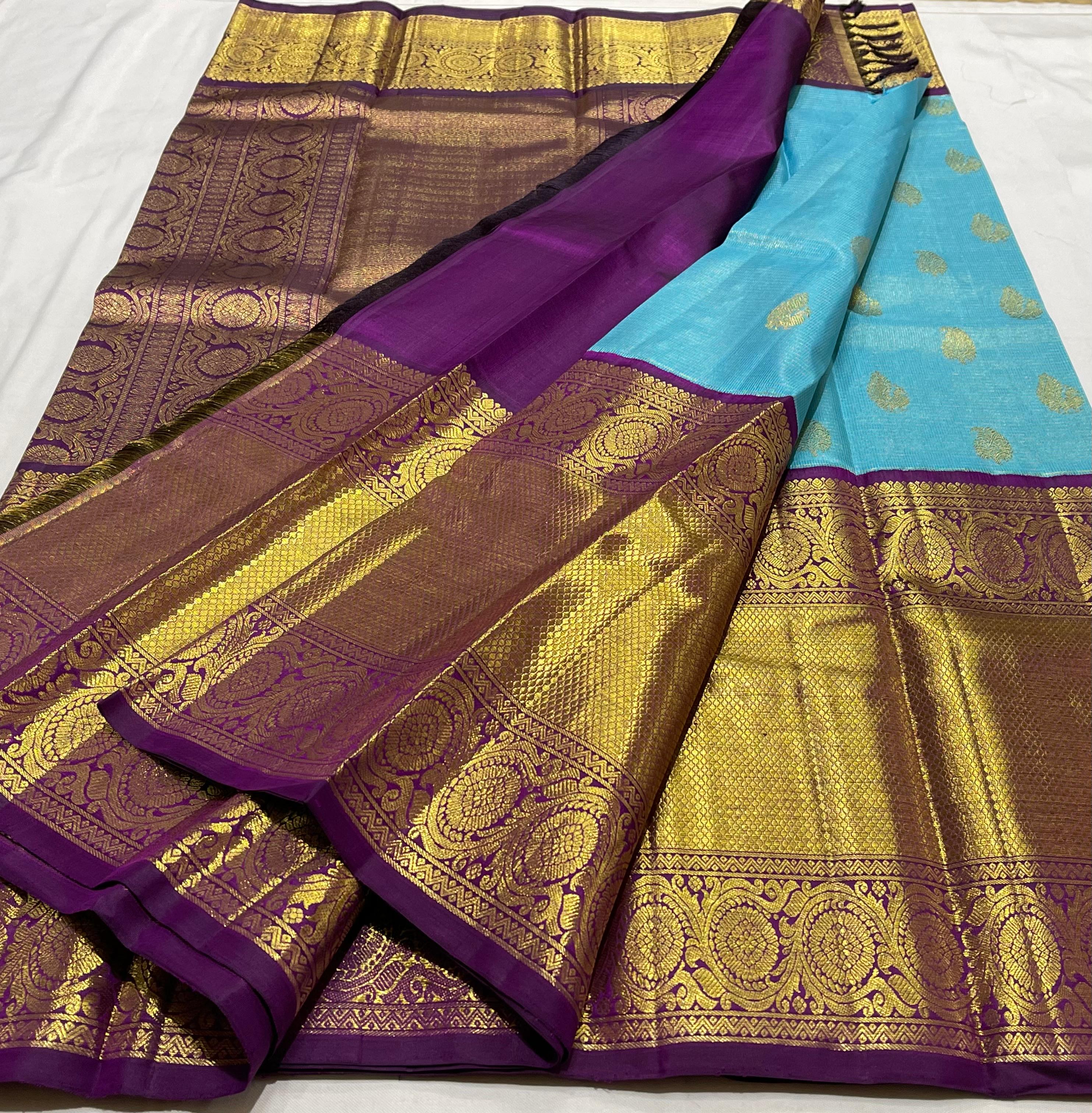 SKY BLUE/PURPLE BORDER COMBITION PURE KANCHI SILK SAREE