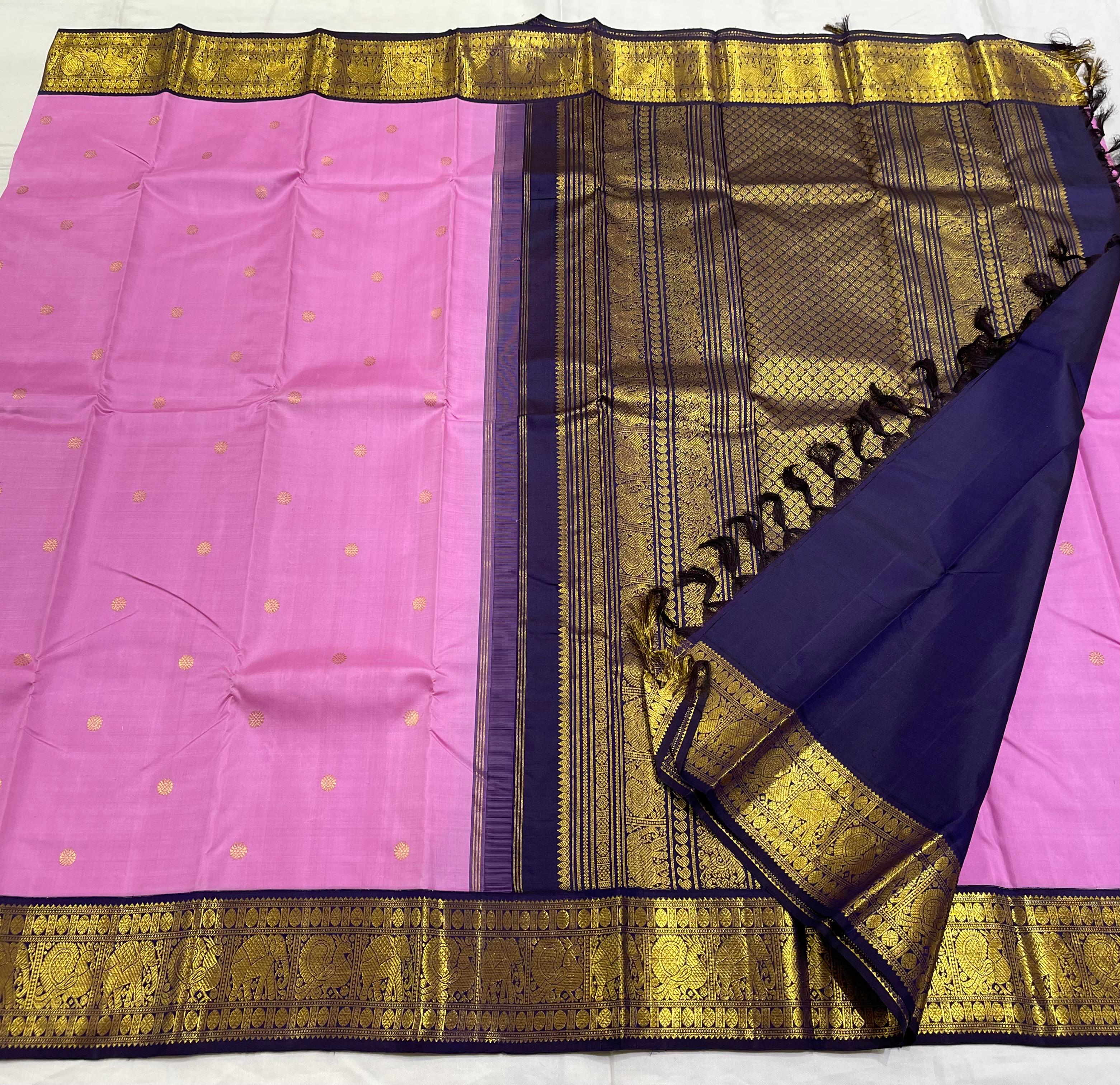 BABY PINK/NAVY BLUE BORDER COMBITION PURE KANCHI SILK SAREE