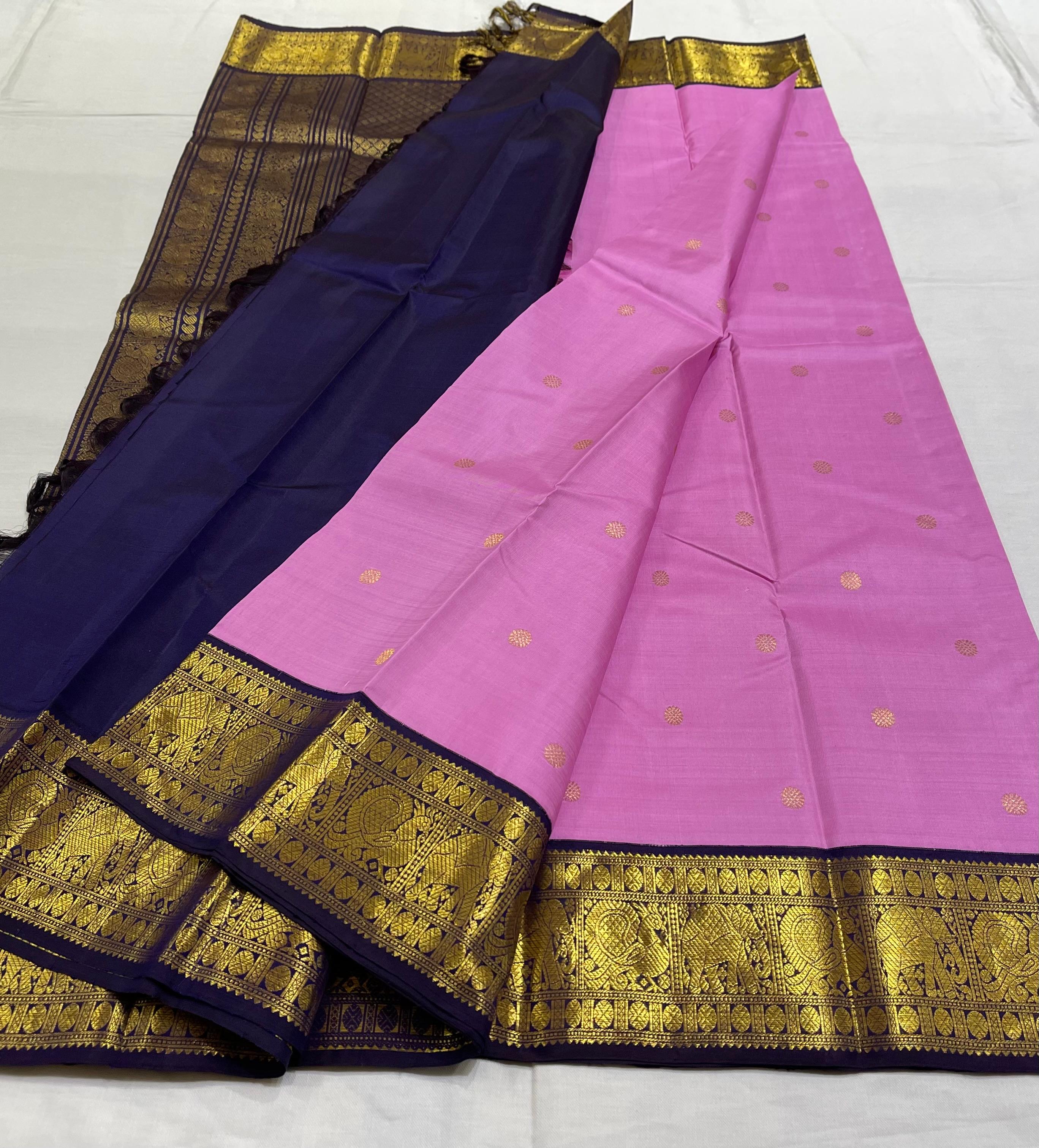 BABY PINK/NAVY BLUE BORDER COMBITION PURE KANCHI SILK SAREE