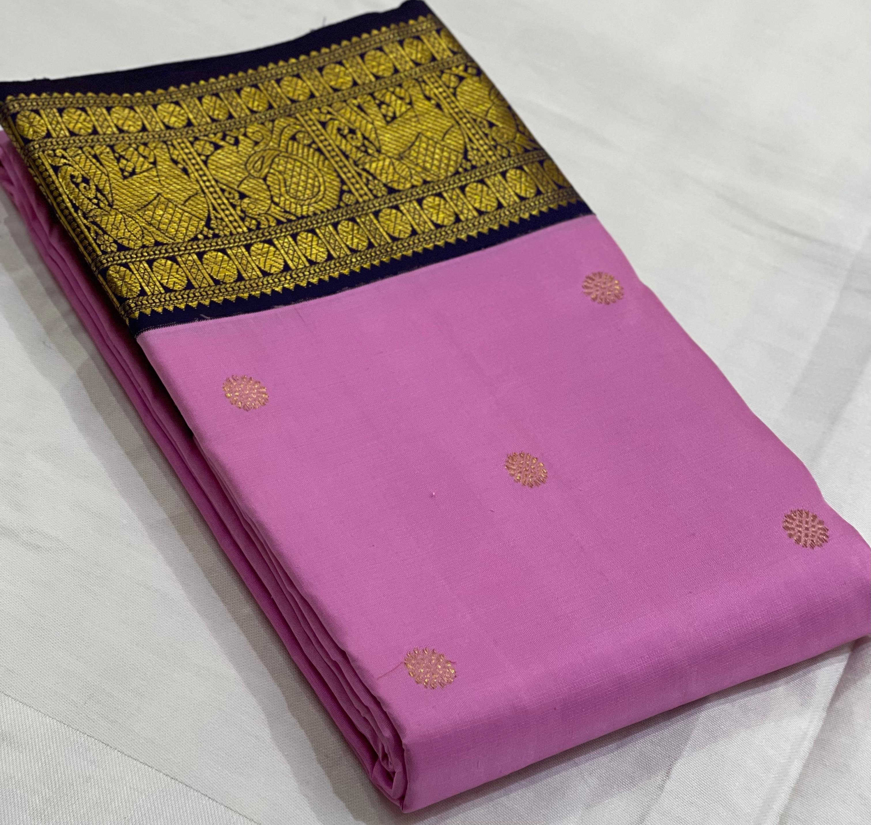 BABY PINK/NAVY BLUE BORDER COMBITION PURE KANCHI SILK SAREE