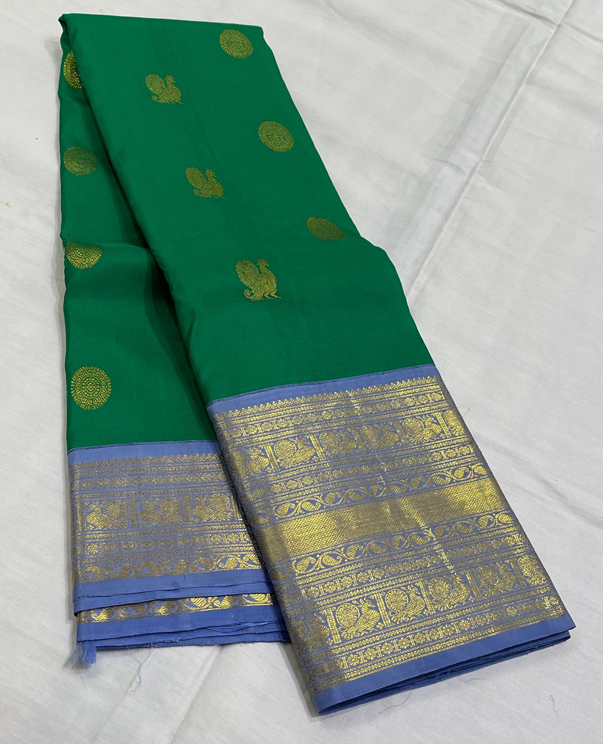 GREEN/BLUE BORDER COMBITION PURE KANCHI SILK SAREE