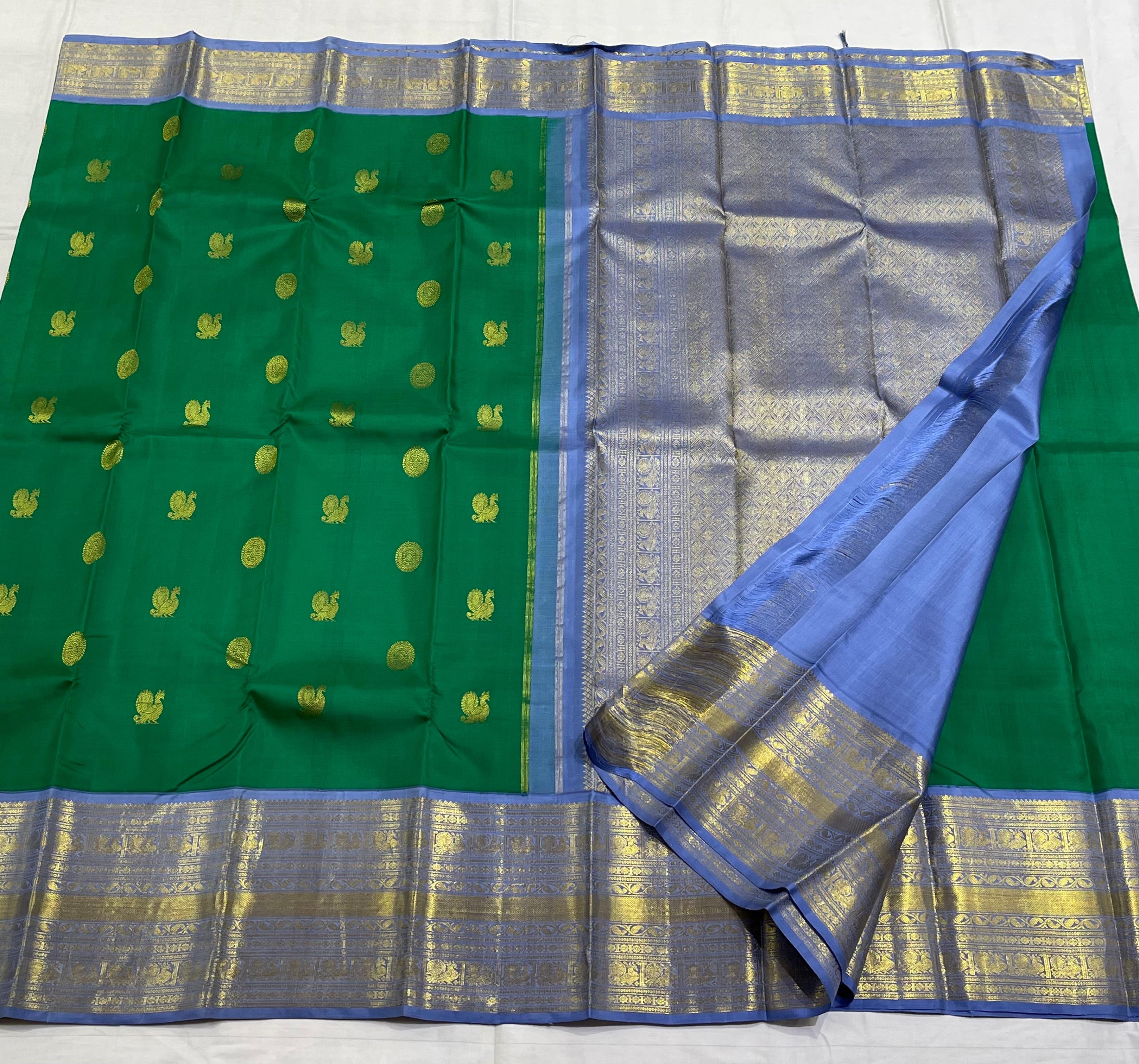 GREEN/BLUE BORDER COMBITION PURE KANCHI SILK SAREE