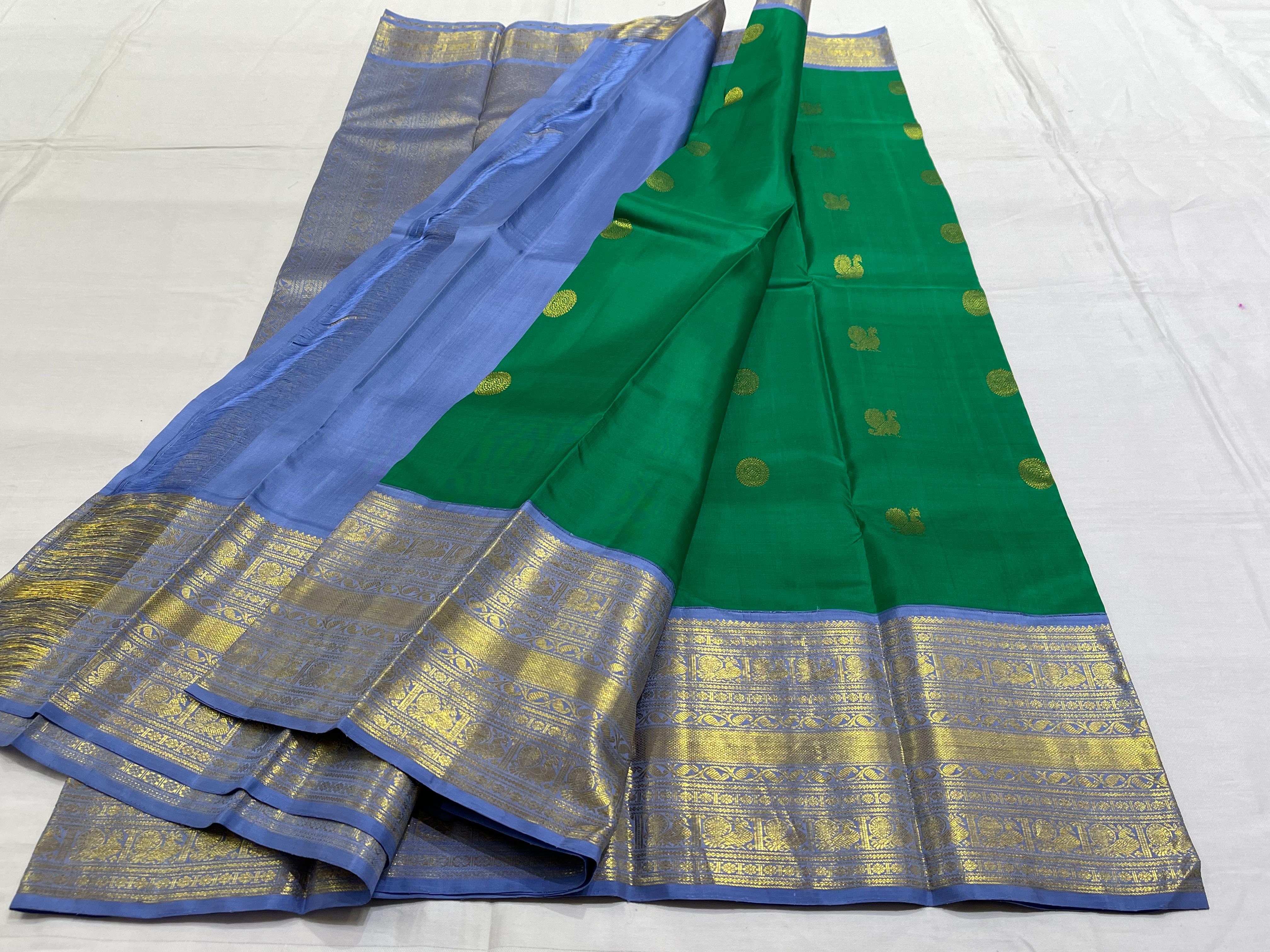 GREEN/BLUE BORDER COMBITION PURE KANCHI SILK SAREE