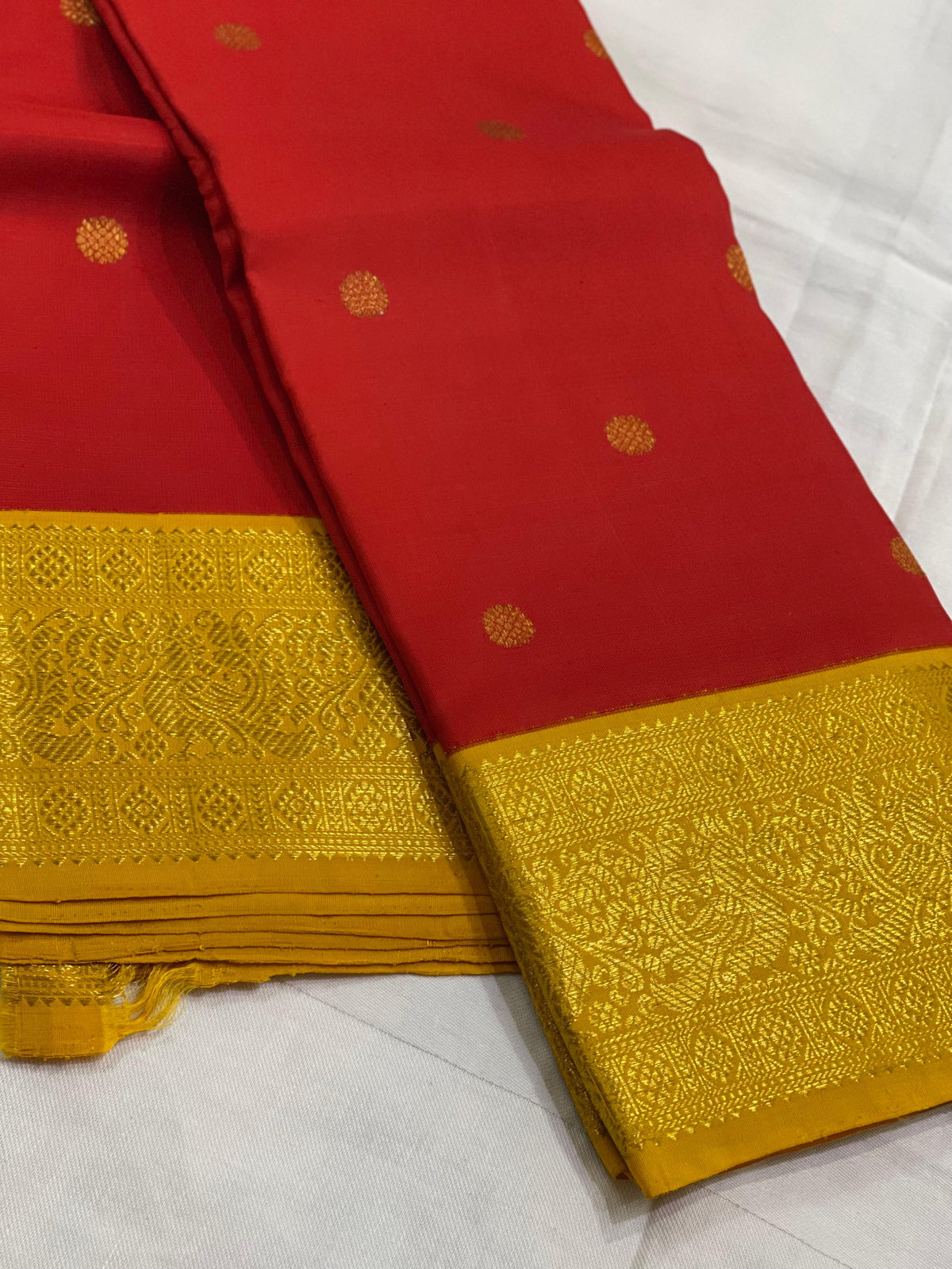 RED/MUSTARD YELLOW BORDER COMBITION PURE KANCHI SILK SAREE