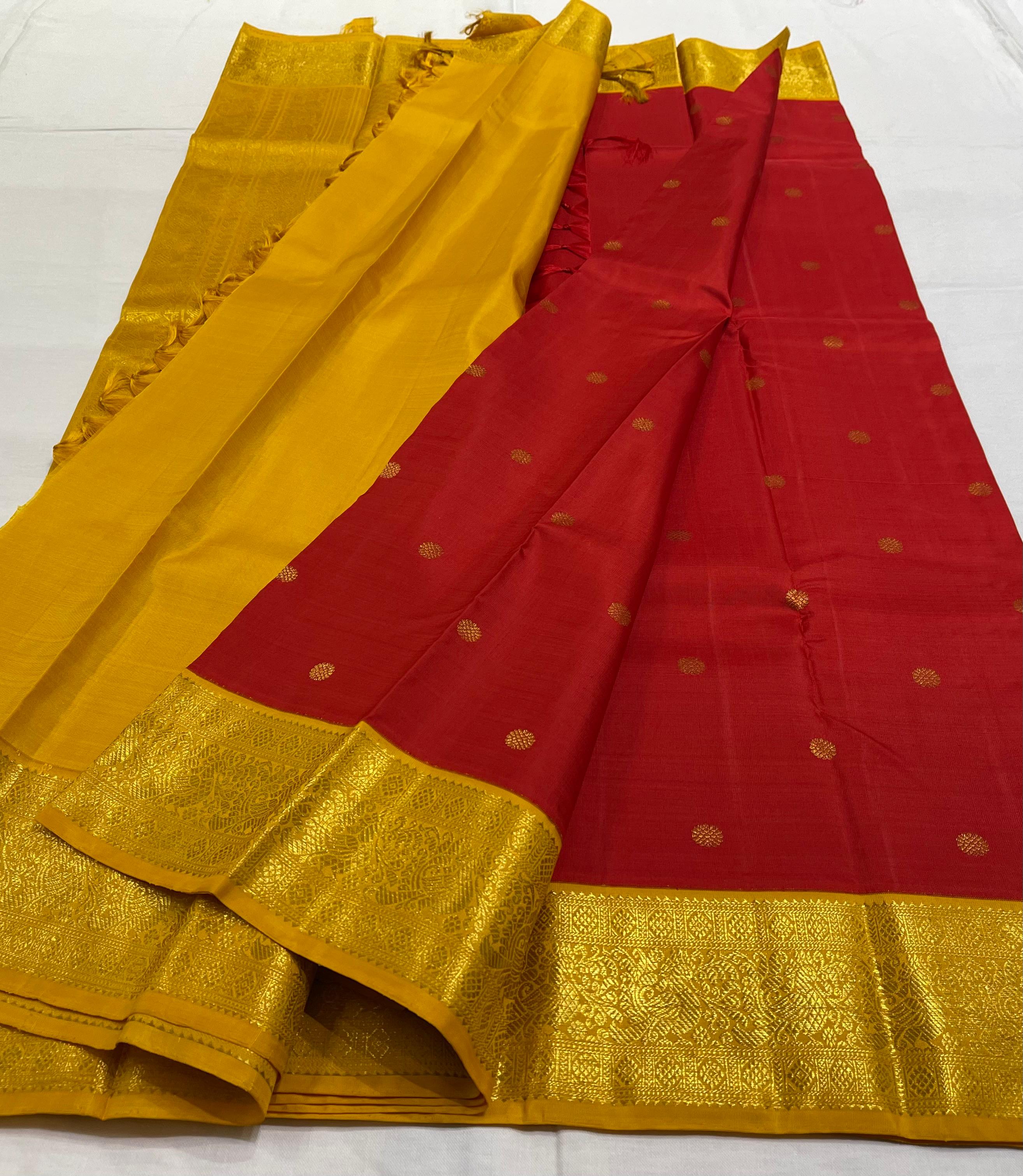 RED/MUSTARD YELLOW BORDER COMBITION PURE KANCHI SILK SAREE