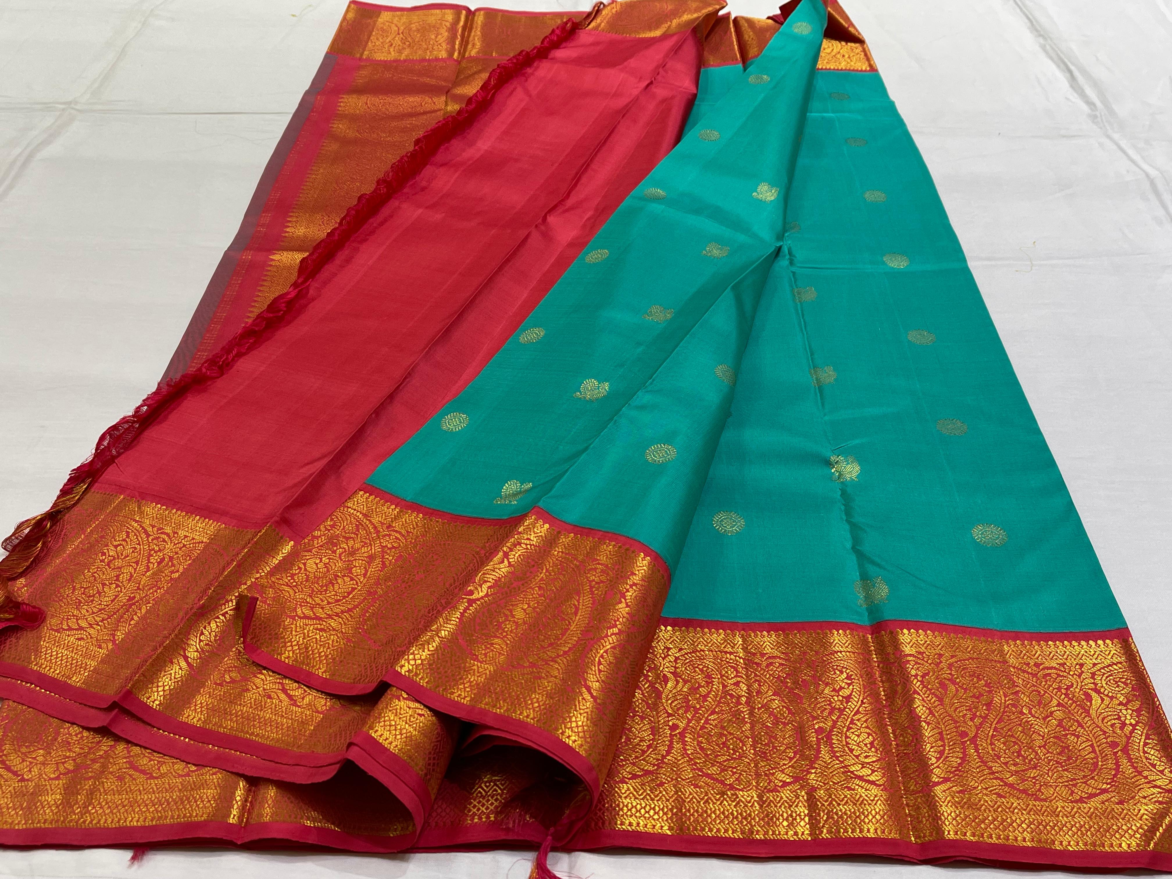 RAMA GREEN/RED BORDER COMBITION PURE KANCHI SILK SAREE