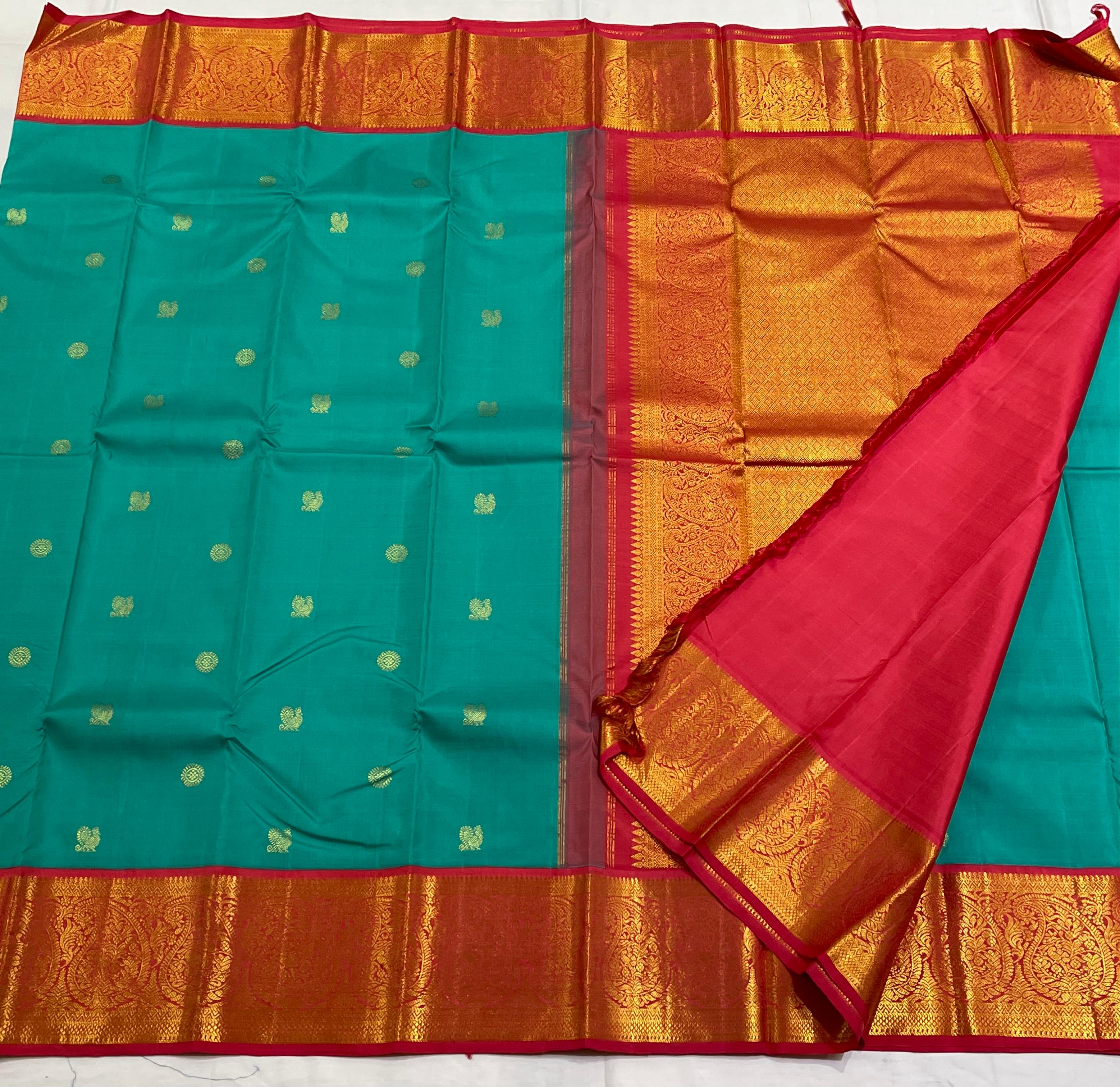 RAMA GREEN/RED BORDER COMBITION PURE KANCHI SILK SAREE