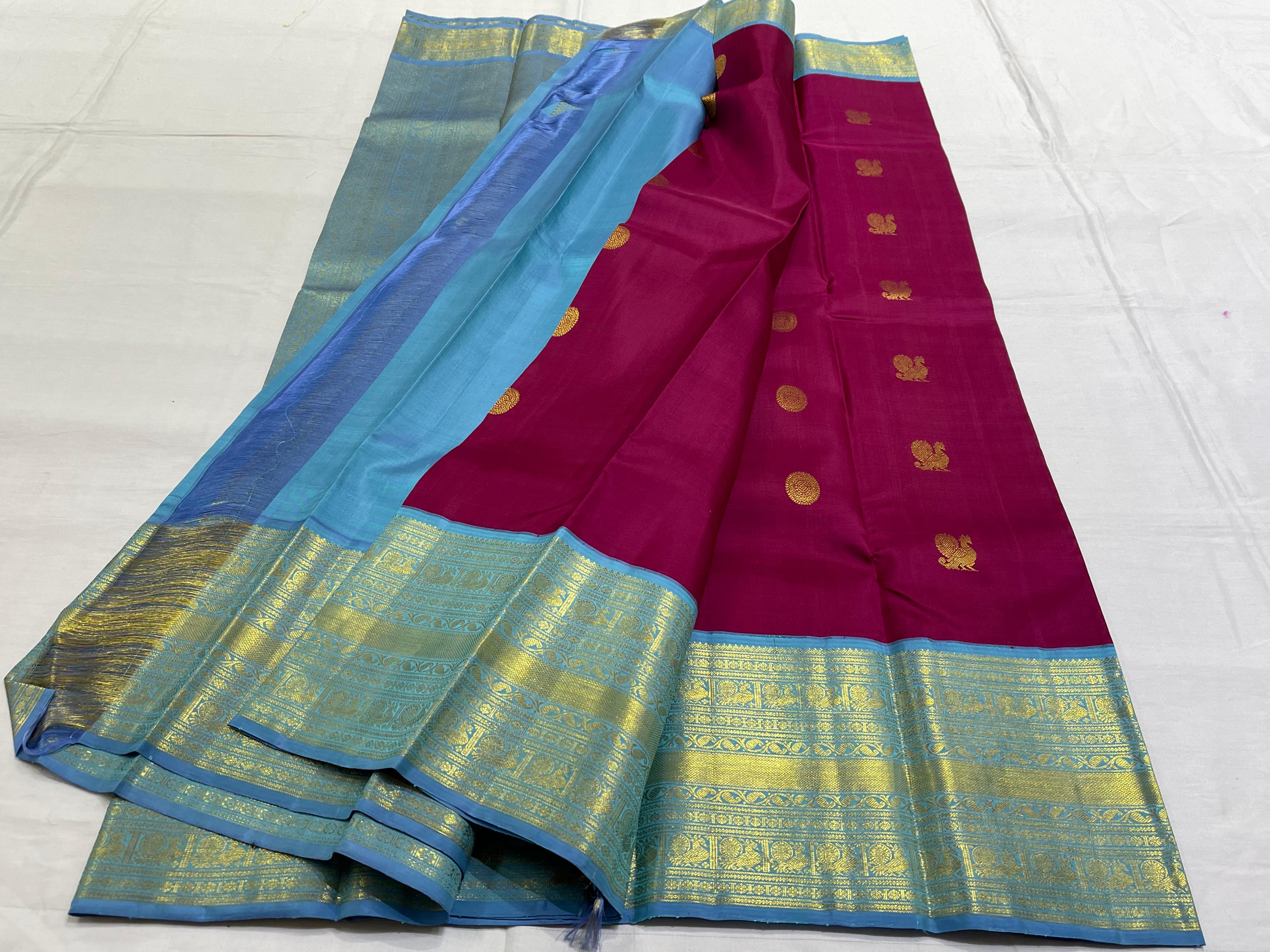 MAGENTA PINK/BLUE BORDER COMBITION PURE KANCHI SILK SAREE