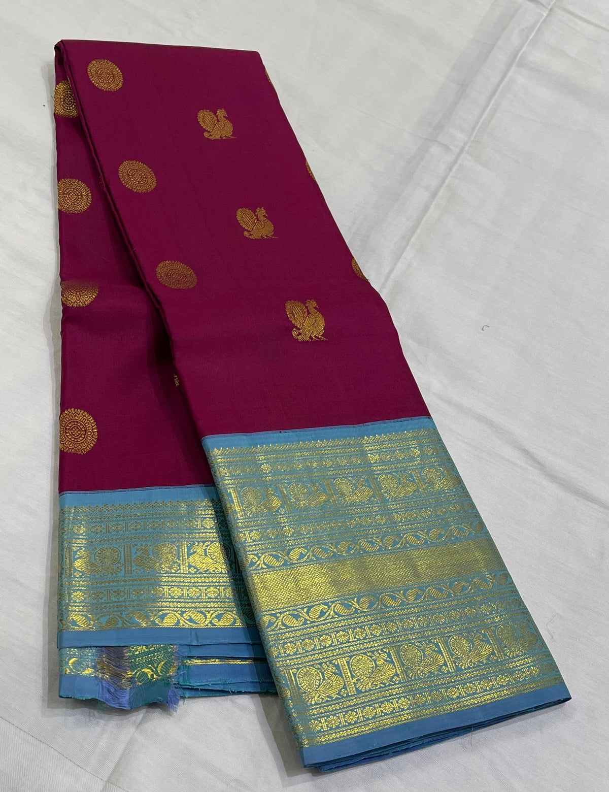 MAGENTA PINK/BLUE BORDER COMBITION PURE KANCHI SILK SAREE